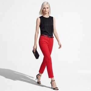 Tory Burch Red Cropped Skinny Jeans Embroidered Logo Pockets Size 26 denim NEW